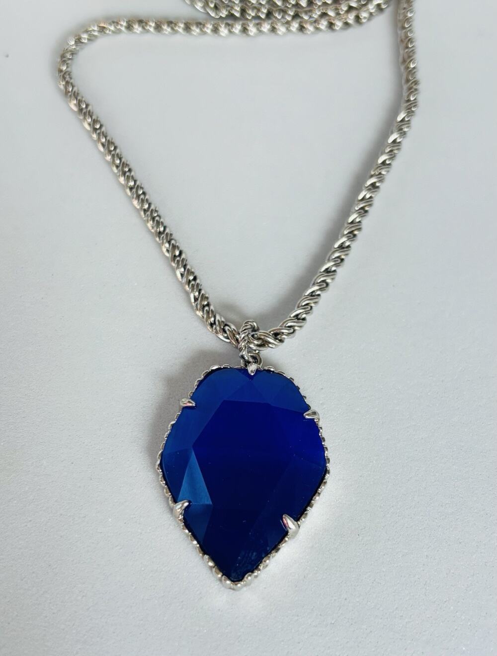 Kendra Scott "Corla" Cobalt Blue Cat Eye Glass Pendant Necklace Silver Tone 32"